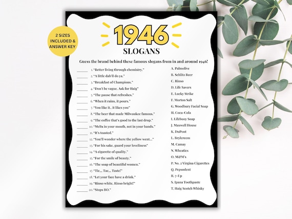 80th Birthday Slogans Game, TV and Radio Trivia Game, 1946 Trivia Match up Quiz, 80th Birthday Game, 1946 Birthday Games, Born in 1946