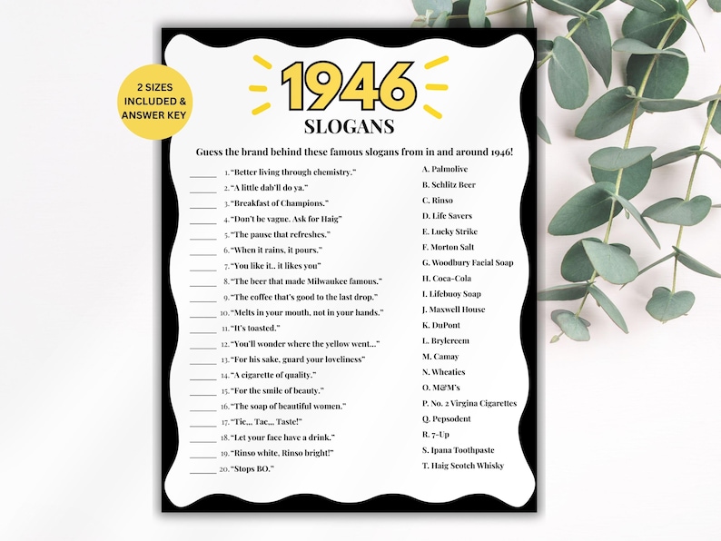 80th Birthday Slogans Game, TV and Radio Trivia Game, 1946 Trivia Match up Quiz, 80th Birthday Game, 1946 Birthday Games, Born in 1946 image 1