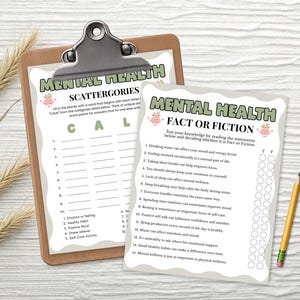May include: A brown wooden clipboard holding a Mental Health Scattergories game sheet and a separate Mental Health Fact or Fiction game sheet with a yellow pencil. Both sheets feature green headers, wavy borders, and pink brain illustrations.