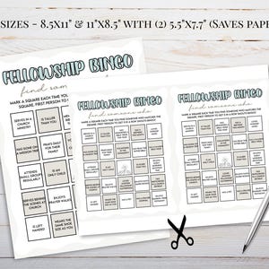 Pu&ograve; includere: Fogli di carta bianchi con cartelle di gioco "Fellowship Bingo", testo in verde acqua e nero. Include una penna e forbici. Le cartelle di bingo hanno quadrati con frasi come "Serve in un ministero della chiesa".