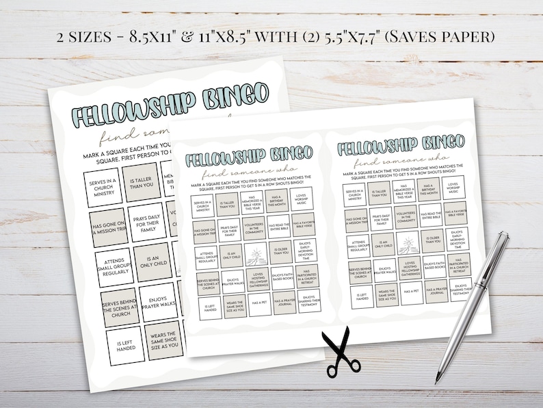 Pu&ograve; includere: Fogli di carta bianchi con cartelle di gioco "Fellowship Bingo", testo in verde acqua e nero. Include una penna e forbici. Le cartelle di bingo hanno quadrati con frasi come "Serve in un ministero della chiesa".