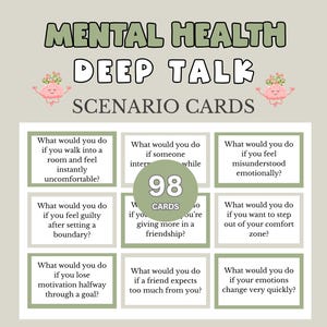 May include: A set of Mental Health Deep Talk scenario cards featuring a light green and white color scheme. The title text reads Mental Health Deep Talk Scenario Cards. A central circular badge displays the number 98 CARDS. Each card contains a question.