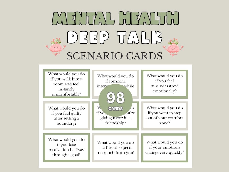 May include: A set of Mental Health Deep Talk scenario cards featuring a light green and white color scheme. The title text reads Mental Health Deep Talk Scenario Cards. A central circular badge displays the number 98 CARDS. Each card contains a question.