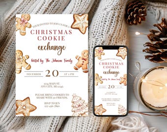 May include: A Christmas Cookie Exchange invitation with gingerbread cookie illustrations. The invitation is on a white background with text that reads "Christmas Cookie Exchange" and details for the event. A smartphone displays the same invitation.