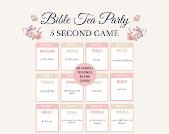 May include: A Bible Tea Party 5 Second Game card set. The game cards are arranged in a grid, with categories like "Women," "Fruits," and "Bible." The cards are in pink and beige with decorative teapots and the text "Bible Tea Party."