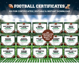 Editable Football Award Certificates, Printable Football Team Award Templates, End of Season Awards, Funny Football Awards, Banquet Awards