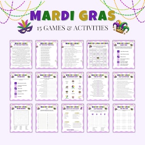 Op de afbeelding: Een verzameling van 15 Mardi Gras-spellen en -activiteiten, waaronder bingo, trivia en woordzoekers. Het ontwerp bevat paarse, groene en gouden kleuren, met decoratieve elementen zoals maskers en kralen. De tekst "MARDI GRAS" is prominent aanwezig.
