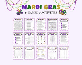 May include: A collection of 15 Mardi Gras games and activities, including bingo, trivia, and word searches. The design features purple, green, and gold colors, with decorative elements like masks and beads. The text "MARDI GRAS" is prominently displayed.
