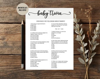 Babytrivia Minimalistiskt babyshowerspel, Enkla och rena babyshoweraktiviteter, Babysprinkle Triviaspel, Utskrivbar nedladdning BSG1