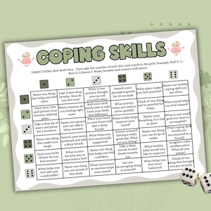 May include: A white game board titled "COPING SKILLS" with a grid of prompts and two dice. The prompts encourage self-reflection and stress management. The dice show various numbers, suggesting a game format.