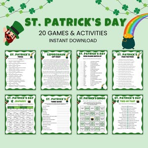 Paket med St Patricks Day-spel, St Patricks Day-aktiviteter för barn och vuxna, St Patricks Day-trivia, skattjakt, irländska partyspel, slang