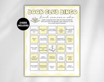Buchklub-Spiele, Finden Sie den Gast-Bingo, Buchklub-Bingo, Finden Sie jemanden, der Bingo ist, Literaturspiele, Buchliebhaber-Partyspiele