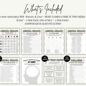 May include: A digital mental health activity bundle featuring printable game sheets including Talk Dice, Safe Space Share, Scattergories, Would You Rather, Fact or Fiction, What's Going On Inside My Mind, Anxiety Pep Talk Cards, and Wellness Finish the Phrase.