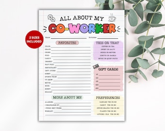 All About My Coworker, Printable Employees Favorite Things Questionnaire, All About Me Survey, Office Activity, Team Building Activity