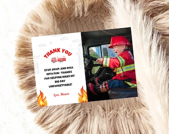 Personalized Fire Truck Birthday Photo Thank You Card, Firefighter Birthday Party Decor, Fire Engine Party Custom Thank You  F01D
