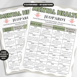 May include: A Mental Health Jeopardy game sheet featuring 8 categories and 40 questions. The document includes columns for Self-Care, Mindfulness, Emotions, and Positive Habits with point values from 100 to 500. It features a pink brain icon.