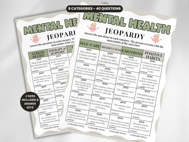 May include: A Mental Health Jeopardy game sheet featuring 8 categories and 40 questions. The document includes columns for Self-Care, Mindfulness, Emotions, and Positive Habits with point values from 100 to 500. It features a pink brain icon.