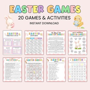May include: A set of Easter games and activities, featuring printable sheets with titles such as "Easter Friendly Feud" and "Easter Jeopardy." The design incorporates pastel colours, Easter bunnies, and chicks. The text reads "20 Games & Activities".