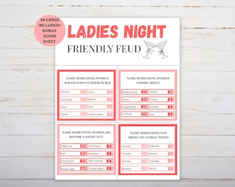 Peut inclure: Jeu de cartes Ladies Night Friendly Feud avec 34 cartes et une feuille de score bonus. Le jeu propose des catégories telles que « Nommez quelque chose que les femmes ont toujours dans leur sac » et « Nommez quelque chose sur lequel les femmes commèrent ».