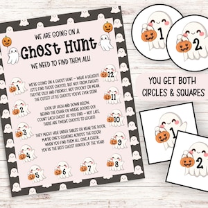 May include: A Halloween-themed game set with a pink background, featuring a "Ghost Hunt" sign, ghost illustrations, and numbered circles and squares. The text reads "We are going on a Ghost Hunt".