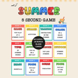 May include: A colorful card game titled "SUMMER 5 SECOND GAME" with various categories like "Games", "Vacation", and "Foods". The game includes 69 cards plus 18 bonus blank cards. The design features bright colors and summer-themed illustrations.