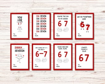 6 7  Valentine Cards, Kids Funny Printable Valentine's Cards, 6 7 classroom valentines, Tweens Teens Gen Z Meme VT01