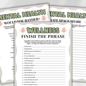 May include: Three printable activity sheets with wavy borders featuring mental health and wellness themes. The pages include titles like Mental Health Would You Rather, Wellness Finish The Phrase, and Mental Health Safe Space Share with lines for writing.