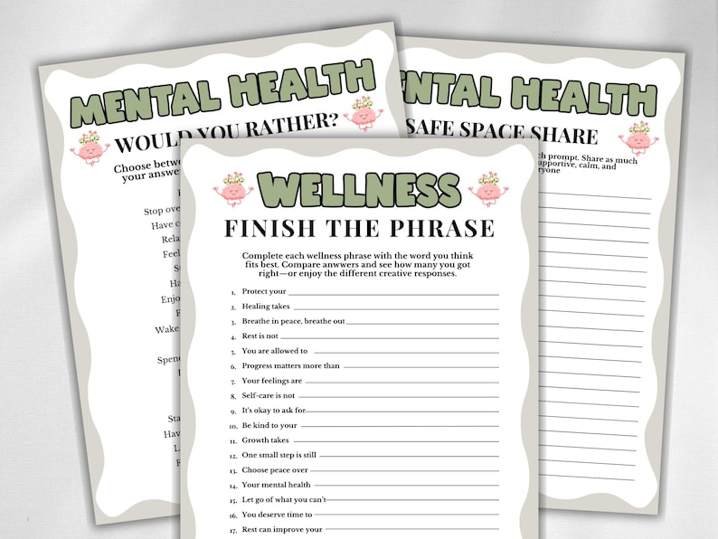 May include: Three printable activity sheets with wavy borders featuring mental health and wellness themes. The pages include titles like Mental Health Would You Rather, Wellness Finish The Phrase, and Mental Health Safe Space Share with lines for writing.