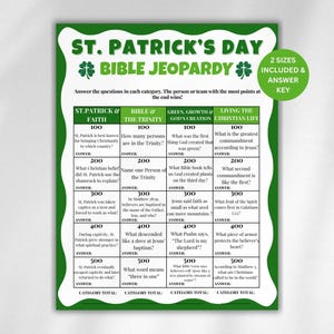 May include: A St. Patrick's Day Bible Jeopardy game board with green shamrock accents. The game includes categories like St. Patrick & Faith, Bible & the Trinity, and Living the Christian Life. Includes 2 sizes and an answer key.