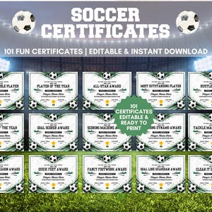 May include: A collection of 101 editable football certificates featuring a green and white graphic design with football accents. The text includes titles like Most Valuable Player, Player of the Year, and All-Star Award, with placeholders for player names.