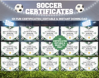 Editable Soccer Award Certificates, Printable Soccer Team Award Templates, End of Season Awards, Funny  Awards, Banquet Awards