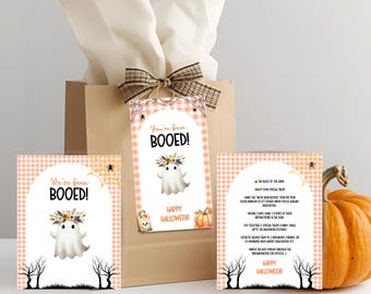 Può includere: Un sacchetto regalo a tema Halloween con etichette e una zucca. Le etichette recitano "You've been BOOED!" e "We've been BOOED!" con un'illustrazione di un fantasma. Una terza etichetta fornisce le istruzioni. La zucca è arancione.