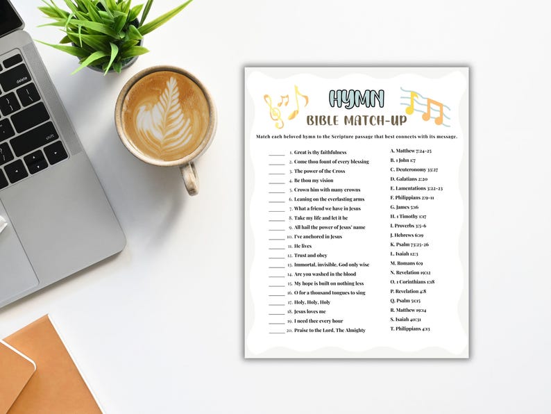 Pu&ograve; includere: Un foglio bianco con il testo "HYMN BIBLE MATCH-UP" e un gioco di abbinamento. Un laptop, una tazza di caff&egrave; con latte art e una piccola pianta verde sono su una superficie bianca.
