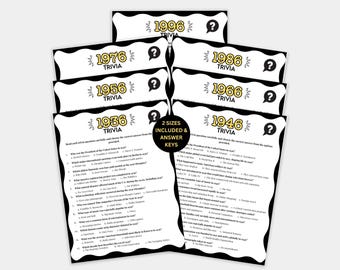 Senior Trivia Game Bundle, Trivia Night Game, 1936 1946 1956 1966 1976 1986 1996 Trivia Match up Quiz,Reunion, Birthday Game, Born in Trivia