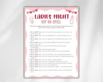 Ladies Night Sip or Spill Game, Fun Printable Girls Night Game for Adults, Bachelorette Party Game, Bridal Shower Game, Adult Drinking Game