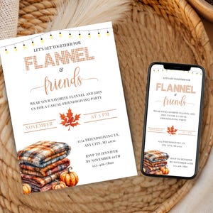May include: A white invitation with the text "Let's get together for Flannel & Friends" and a stack of flannel blankets and pumpkins. A smartphone displays the same invitation. The invitation is for a casual Friendsgiving party.