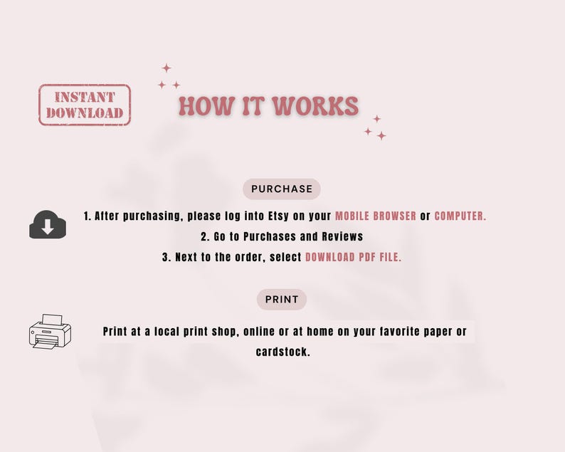 Pu&ograve; includere: Una grafica rosa chiaro con istruzioni su come scaricare un prodotto digitale. Il testo recita "DOWNLOAD IMMEDIATO" e "COME FUNZIONA". Le istruzioni includono l'accesso a Etsy, l'accesso a Acquisti e Recensioni e la selezione di "SCARICA FILE PDF".