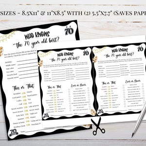 May include: Black and white party game sheets with the text "Who Knows the 70 Year Old Best?" and "This or That" and "Ever or Never" sections. Includes a pen and scissors.