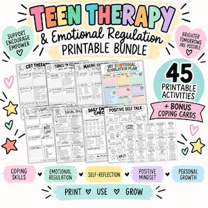 Puede incluir: Un paquete imprimible titulado Teen Therapy & Emotional Regulation que incluye 45 actividades y tarjetas de afrontamiento adicionales. La colección contiene hojas de trabajo para terapia TCC, planes de regulación emocional y ejercicios de reflexión.