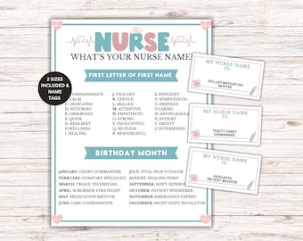 What's Your Nurse Name Game + Name tags, Printable Nurse Party Games, Nurse Appreciation Week, Nurse Grad Party Games, Nurse Retirement