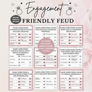 May include: Engagement Friendly Feud game cards featuring nine categories with survey answers and point values. The text includes Engagement Friendly Feud, 40 cards included, and bonus score sheet and answer covers. The design uses dusty rose and white.