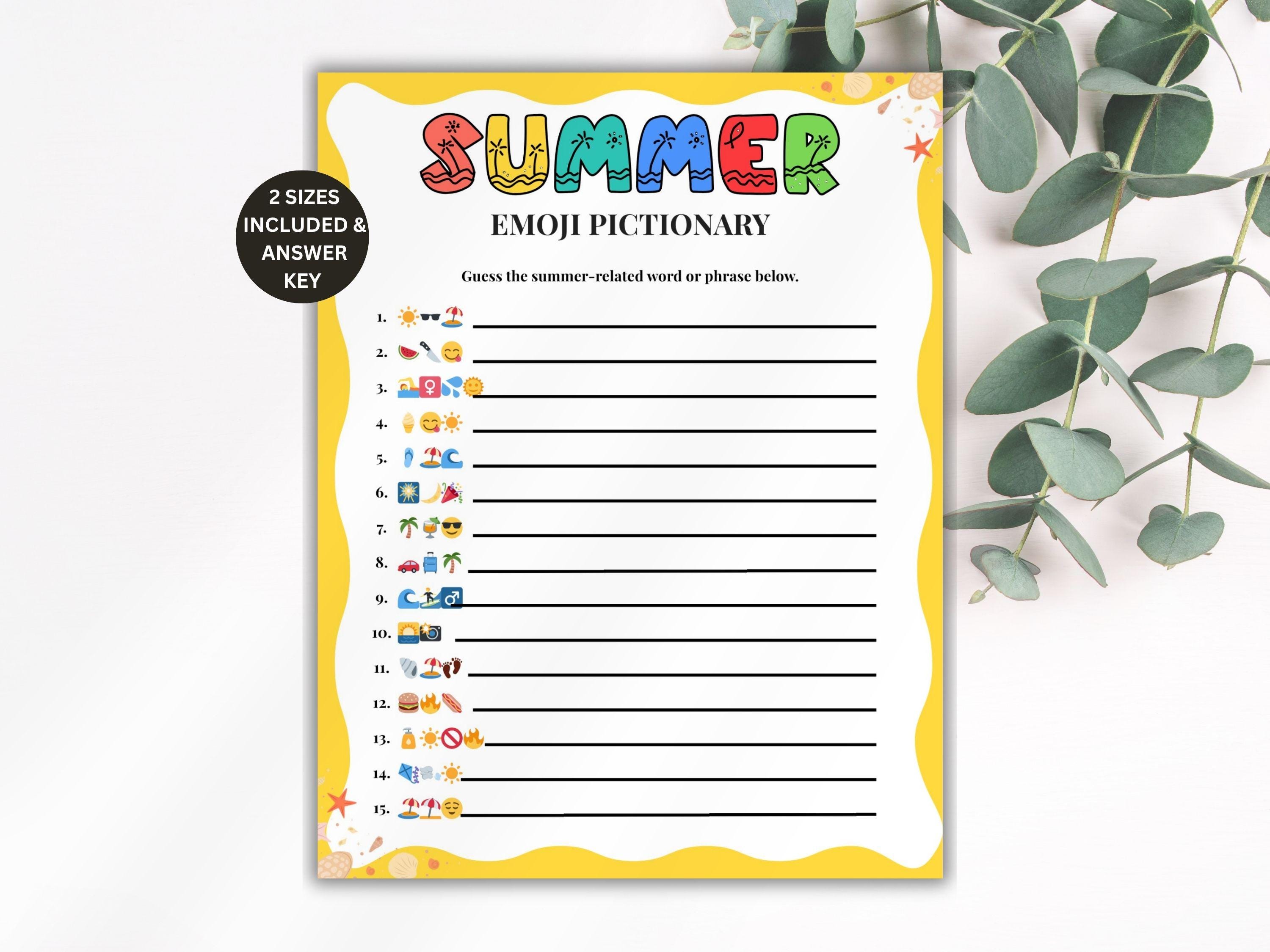 Summer Emoji Pictionary Game, Summer Game for Kids Adults, Summer Party ...