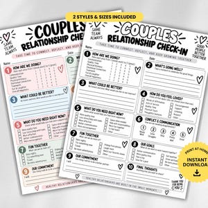 May include: Two printable relationship check-in sheets for couples featuring numbered sections for communication, goals, and needs. The white paper forms include black text, heart icons, and colored boxes with prompts to reflect on connection and growth.