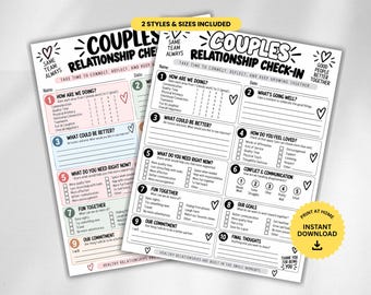 Puede incluir: Dos hojas imprimibles de control de relaciones para parejas con secciones numeradas para comunicación, objetivos y necesidades. Los formularios de papel blanco incluyen texto negro, iconos de corazones y cajas de colores para la reflexión.