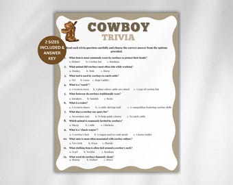 Cowboy Trivia Game, Western Wild West Game for Kids Adults, Lasso Theme, Seniors Trivia, Birthday Party Game, Rodeo Ranch Activity