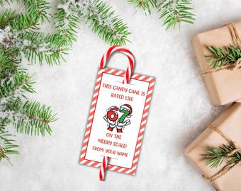 67 étiquette de porte-canne en bonbon de Noël, étiquette cadeau imprimable pour les fêtes, étiquettes cadeaux de Noël modifiables, six cadeaux de sept, 6 7 grammes de bonbon CT01