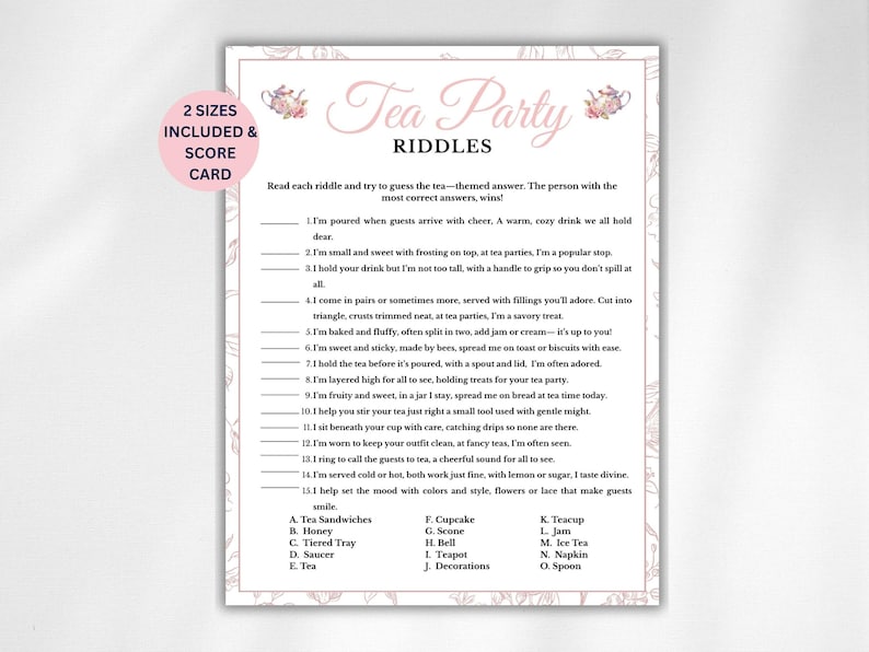 Tea Riddle With Answer Tea Party Games, Tea Party Riddles, Tea Party Birthday Game, Bridal Tea ...