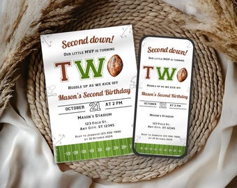 Second Year Down Birthday Invite, Football 2nd Birthday Party Invitation, Boy Sports Birthday, American Football Birthday, Printable SD01