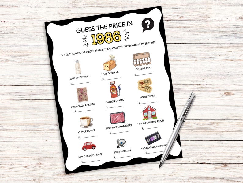 Pode incluir: Uma folha de jogo a preto e branco intitulada "Adivinhe o pre&ccedil;o em 1986". A folha apresenta ilustra&ccedil;&otilde;es de artigos do dia a dia, como leite, p&atilde;o e um carro novo, com espa&ccedil;os em branco para adivinhar os pre&ccedil;os m&eacute;dios. Uma caneta prateada repousa sobre uma superf&iacute;cie de madeira.