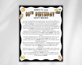 90. Geburtstag Links Rechtsspiel, 90. Geburtstag Pass den Preis, Pass die Gegenwart, Pass die Geschenkbörse, 90. Geburtstagsaktivität, 1936 Geburtstag